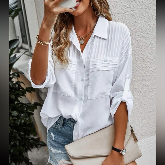 Classic white pleated oversized button up boyfriend top - Picture 7 of 8